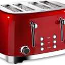 Roter Mond 4 Slice Toaster Retro Stainless Steel with Bagel Defrost Cancel Function, 6 Browning Settings, Extra Wide Slot and Removable Crumb Tray, Red, ST033