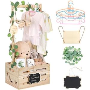 ELESTONE Wooden Baby Shower Crate Closet with Adjustable Handle & Garland, Large Personalized Baby Shower Basket Clothes Hangers Rack Storage Box, Pregnancy Gifts for New Parents Newborn Boy Girl