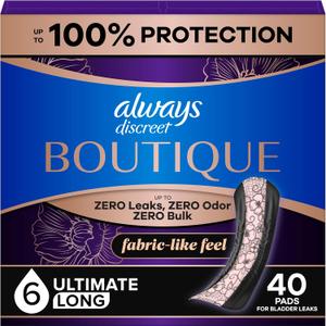 Always Discreet Boutique Incontinence Pads, for Bladder Leaks, Extra Heavy Absorbency, Long Length, 40 Count (2 Packs of 20)
