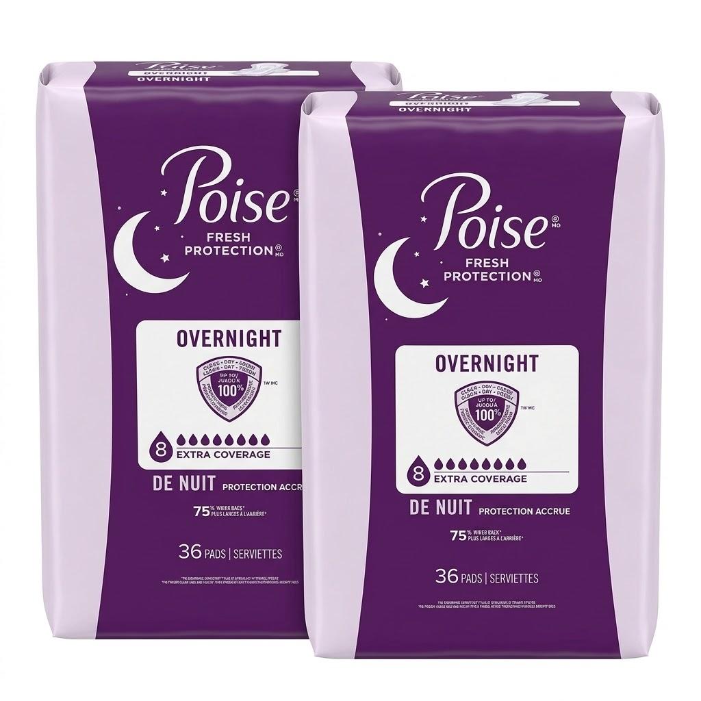 Poise Fresh Protection Overnight Incontinence Pads, Extra Coverage (Absorbency 8), 36 Count (Pack of 2, 72 Total Pads)