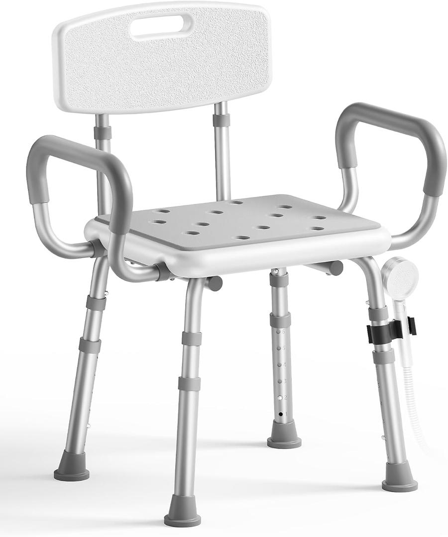 Shower Chair for Inside Shower with Arms and Back, FSA/HSA, Height Adjustable Shower Chair for Elderly and Disabled with Enhanced Non-Slip Feet, 400 lbs Heavy Duty Shower Seat for Seniors