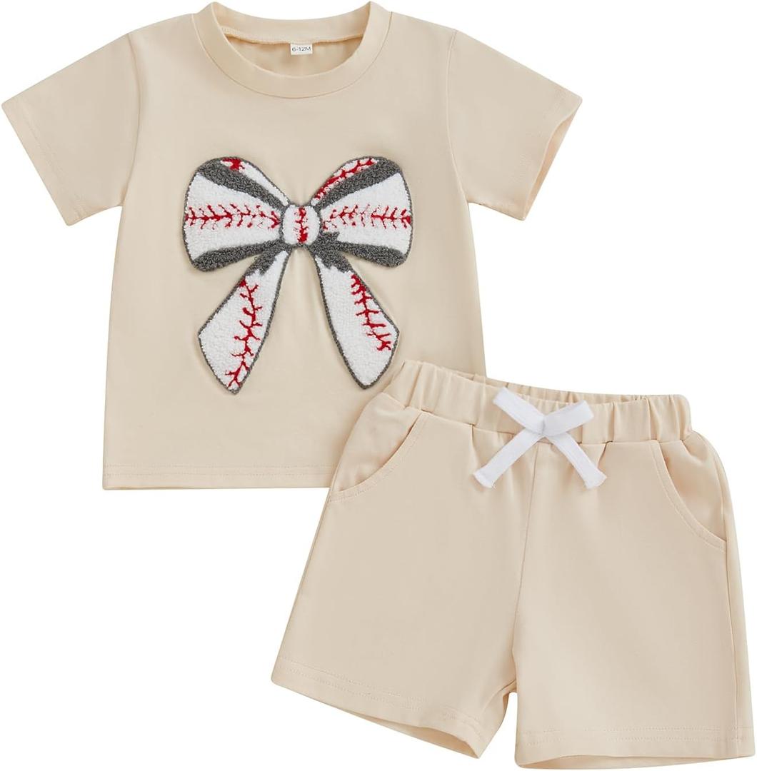 Toddler Baby Girl Summer Outfits Baseball Bow Fuzzy Embroidered T Shirt Top Shorts 2Pcs Baseball Game Day Clothes (Beige)