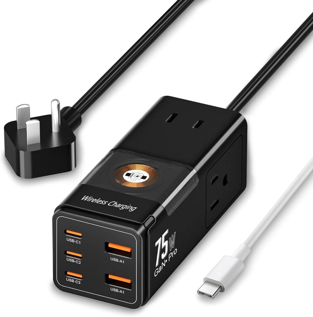 USB C Charger, 75W PD GaN3 Wall Rapid Charger Extension Cord with 3 U.S. AC Outlets and 1 Watch Wireless Charger, 2 USB-A Ports and 3 USB-C Ports, 9-in-1 Adapter for Office, Bedroom and Home