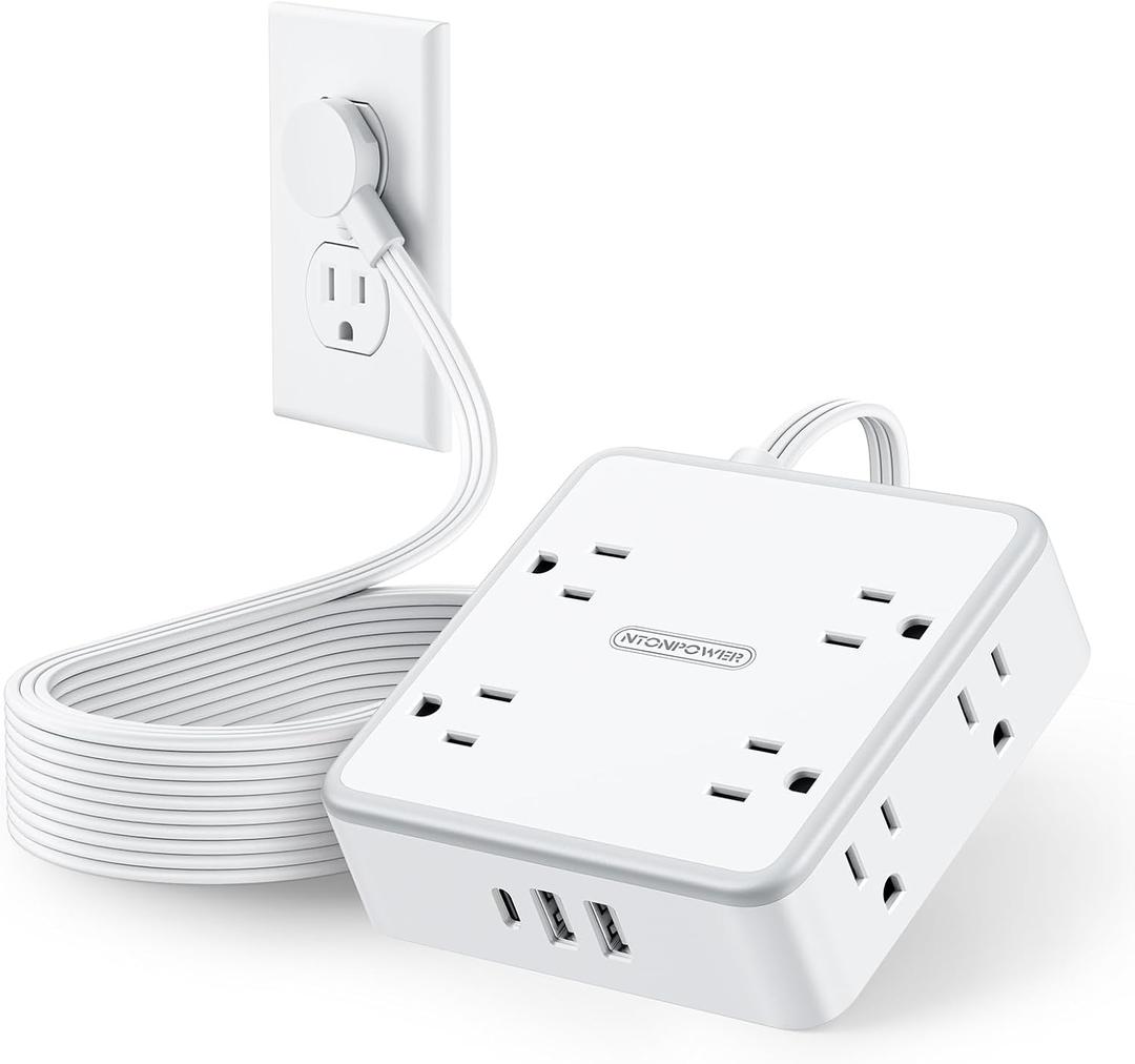 NTONPOWER 15 FT Flat Extension Cord with 8 Widely Outlets 3 USB Ports (1 USBC), 1080J Surge Protector Power Strip, White Desk Charging Station Dorm Room Essentials