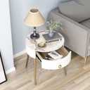 OIOG Round Nightstand with Drawer, Modern Side Table with Marbling Natural Stone Tabletop and Metal Legs, Small End Table with Storage for Living Room and Bedroom, Gold