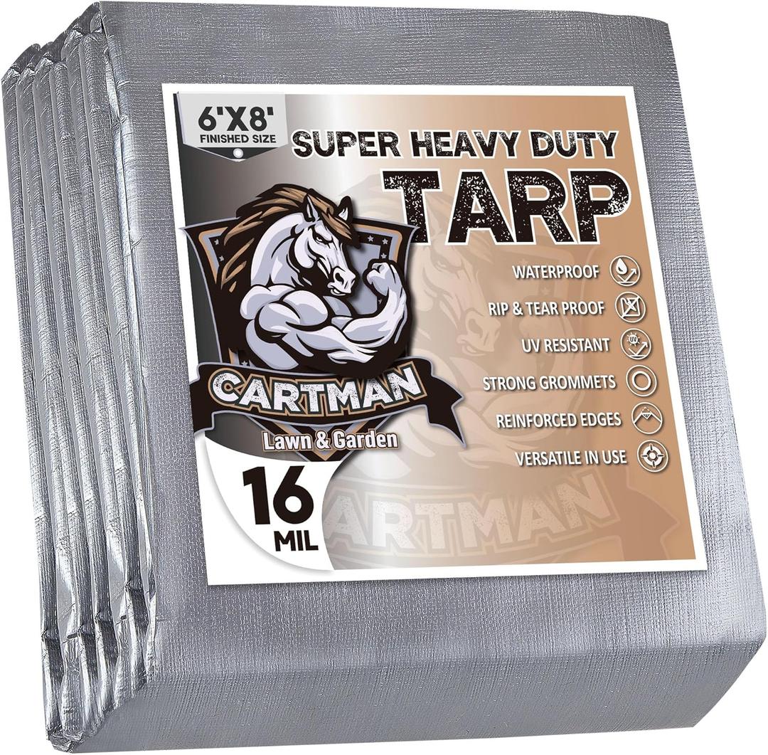 CARTMAN Finished Size 6x8 Feet Extra Thick 16 Mil Ultra Heavy Duty Poly Tarp, Multipurpose Protective Cover, UV Resistant, Waterproof Poly Tarpaulin with Reinforced Edges (Silver/Black 16mil)