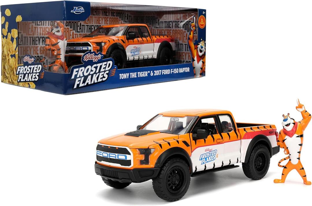 Jada 2017 Ford F150 Raptor Truck with Kellogg's Frosted Flakes Tony The Tiger Die-Cast Carwith Figure, 1:24 Collectible, Opening Doors, Rubber Tires Ages 8+ (Orange/White)