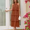 ZESICA Women's 2026 Summer Sleeveless Halter Neck Ruffle Tiered Layed Chiffon Flowy Swing Long Midi Dress (Brown, L)