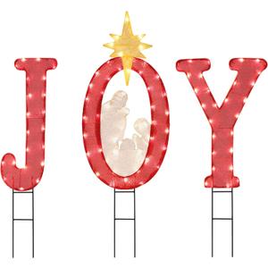 BAYN Joy Chrismas Nativity Yard Sign Outdoor Decorations, 3 PCS 45 Inch High Large Yard Garden 100 Lights Signs Decorated with Gold Star for Winter Holiday Home Pathway Lawn Walkway Display Decor