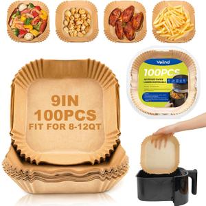 Vailnd Air Fryer Liners Disposable, 100Pcs 9 Inch Max Xl Large Cooker Airfryer Paper Liners, Oil Proof Parchment Sheets Square Basket Baking Liner for 8/10/11/12 QT Air Fryer Microwave (9"Square)