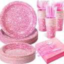 Hushee 175 Pcs Pink Holographic Print Party Disposable Dinnerware Set Include 50 Pcs Paper Plates, 25 Napkins, 25 Cups, 25 Plastic Forks, 25 Knives, and 25 Spoons for Guest Holiday Wedding Birthday