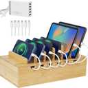 LEOKKARR Bamboo Charging Station for Multiple Devices (Includes 5 Port USB Charger, 6 x Charge Cables), Upgrade Desk Docking Stations Organizer for iPhone Devices, Tablets, Laptop Holder Stand