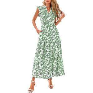 PRETTYGARDEN Women's 2026 Summer Floral Midi Dress Cap Sleeve V Neck Ruffle Long Flowy Boho Casual Beach Vacation Dresses, M