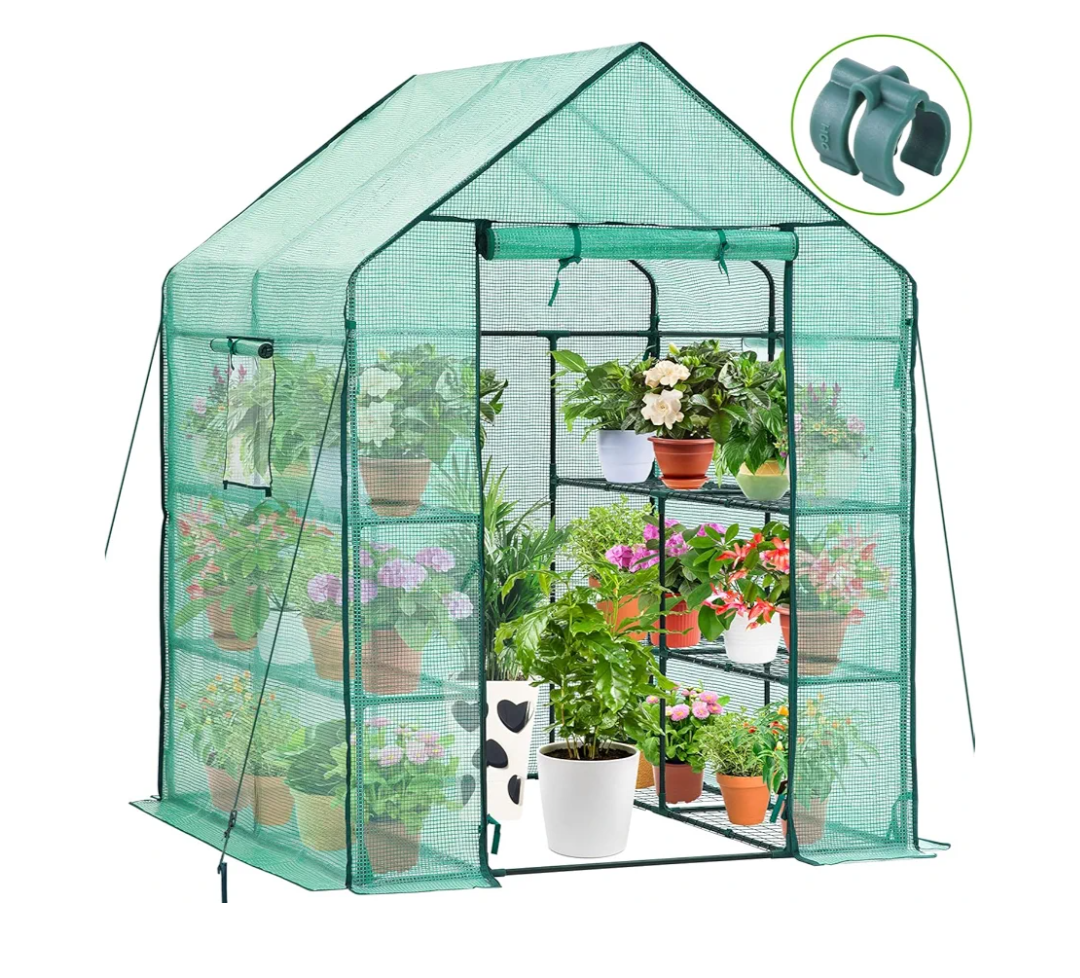 Ohuhu Greenhouse for Outdoors with Screen Windows, 57 x 57 x 76'' Walk in Plant Greenhouses Heavy Duty with Durable PE Cover, 3 Tiers 12 Shelves Stands Plastic Portable Green House with Shelf Clips