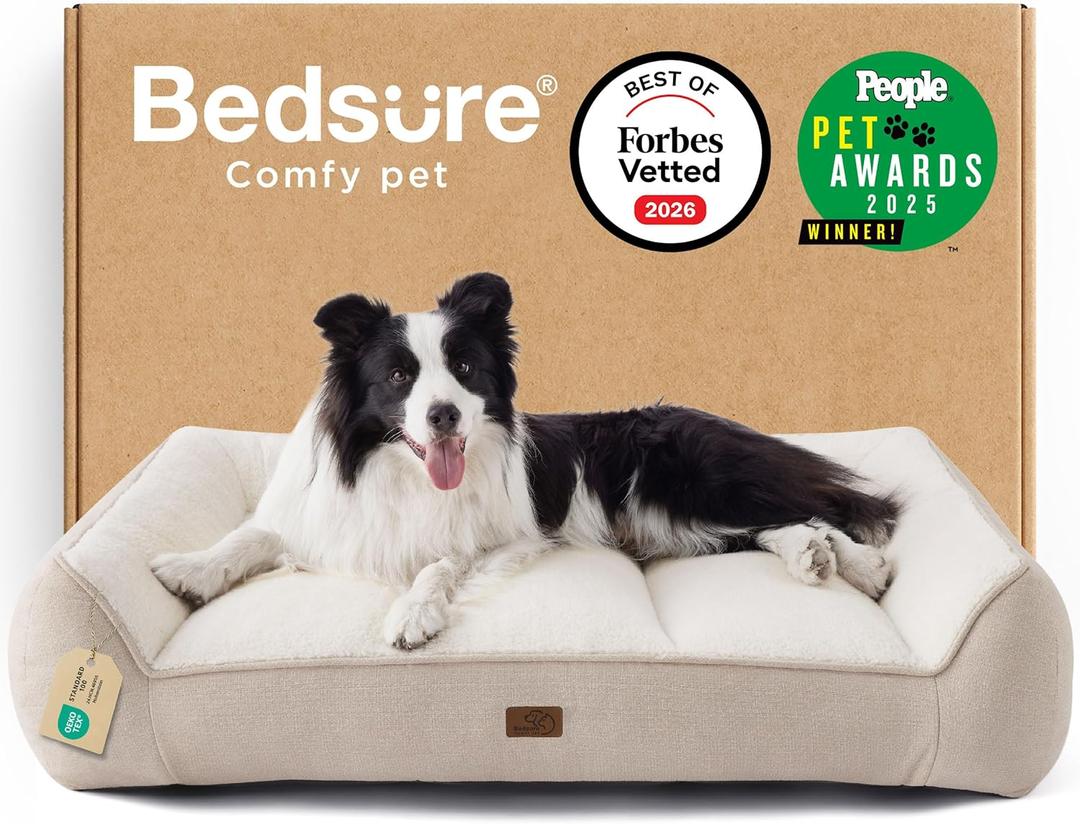 Bedsure SupportMax Orthopedic Dog Beds Large Sized Dog - As Seen on TV Extra Thick Supportive Large Dogs Bed with Waterproof Washable Cover, L Plus Comfort Pet Sofa with Soft Sherpa, Beige, 38" (Cream)