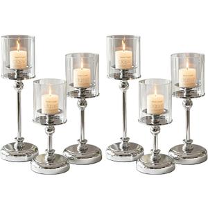 Sliver Hurricane Candle Holders - Set of 6 Tall Candlestick Holders Windproof Taper Candle Holders, Metal Stand for Table Centerpiece Outdoor Indoor Wedding Party Holiday Decor