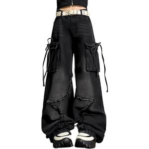 Womens Baggy Jeans Star Cargo Pants Y2k Wide Leg Jeans for Women Girls Cute Boyfriend Vintage Streetwear (Small, Black)