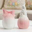 DN DECONATION Easter Decorations Bunny and Egg Figurines Set, Pink to White Gradient Easter Spring Home Decor, Ceramic Rabbit Egg Sculpture for Farmhouse Tabletop Centerpiece Wedding Gifts 2PCS