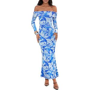 MEROKEETY Women's Fall Off Shoulder Floral Maxi Dresses Formal Long Sleeve Bodycon Cocktail Wedding Guest Dress L