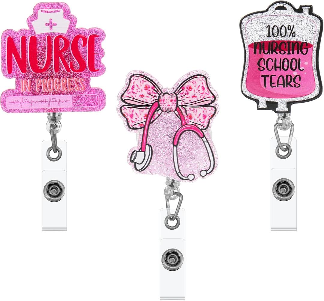 3pcs Student Nurse Badge Reels Bundle Set, Nursing Student Badge Reel, Retractable Pink Badge Reel Nurse Funny ID Card Name Tag, RN CNA Ipn MA Medical Assistant Gifts Supplies