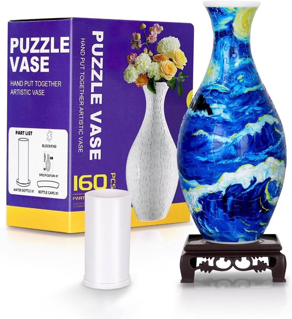 BELEEV 3D Puzzle Vase for Adults, 160 Pieces DIY Plastic Flower Vase, Compatible with Block Flowers, Unique Home & Office Decor, Housewarming and Birthday Gift for Flower Arrangements (Starry Ocean)