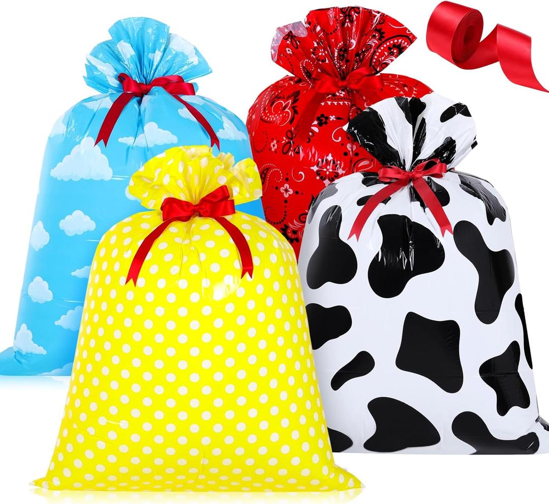 Shappy 4 Pcs Large Blue Sky and White Cloud Wrapping Gift Sack Cartoon Story Mix Color Sack Bag Party Supply 36 x 48 in Present Plastic Bag with 1 Roll 16 Feet Ribbon Cow Inspired Party Birthday Decor