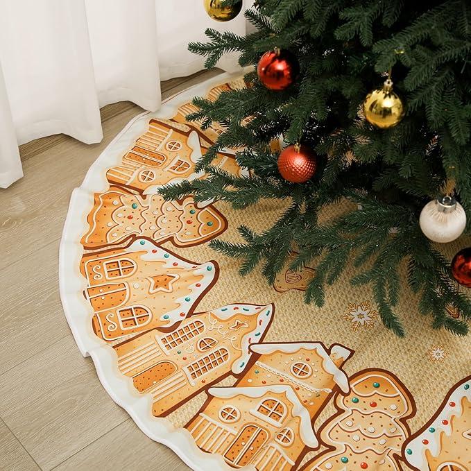 Motionchic 48 Inches Christmas Tree Skirt Gingerbread House Pattern Christmas Tree Mat Cookies Sugar Candy Ornaments Decorations for Holiday Party Decorations Indoor Outdoor