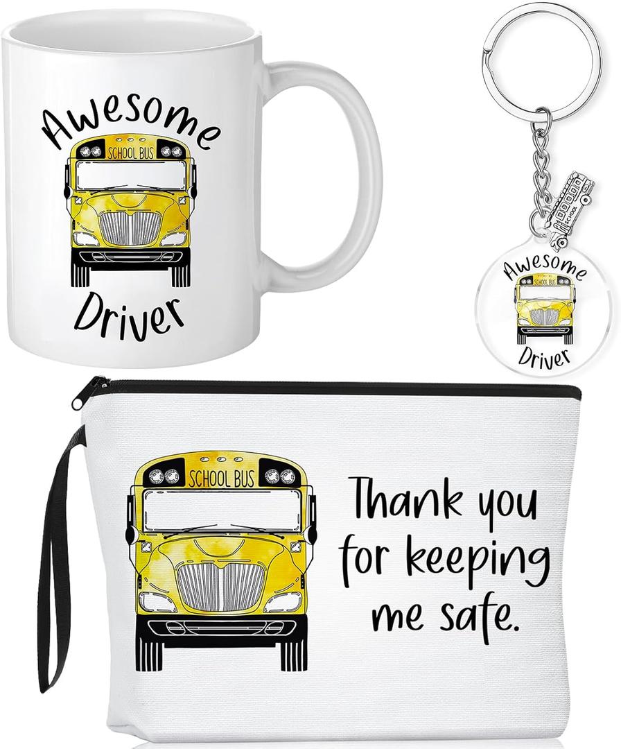 Yungyan 3 Pcs End of Year School Bus Driver Appreciation Gifts for Men Women Cosmetic Bag 11 oz Coffee Mug Keychain Funny Bus Driver Thank You Gifts for Birthday Graduation Gift