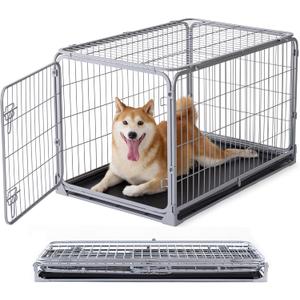 ZOMISIA Collapsible Dog Crate for Medium Dogs - 36 inch Escape Proof Metal Dog Kennel with Double Door, Easy Assembly Foldable Dog Cage with Removable Tray, Indoor Outdoor Use, Silver Gray
