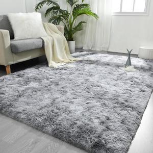 FlyDOIT 8x10 Feet Large Area Rugs for Living Room, Tie-Dyed Light Grey Shaggy Rug Fluffy Throw Carpets, Ultra Soft Plush Modern Indoor Fuzzy Rugs for Bedroom Girls Kids Nursery Room Dorm Home Decor