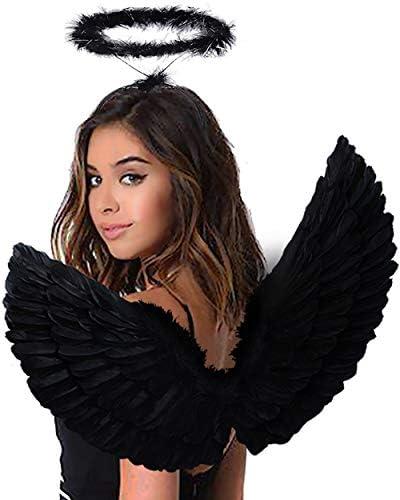 Antspirit Angel Black Wings and Halo Angel Costume for Girls Kids Women Halloween (Black) 