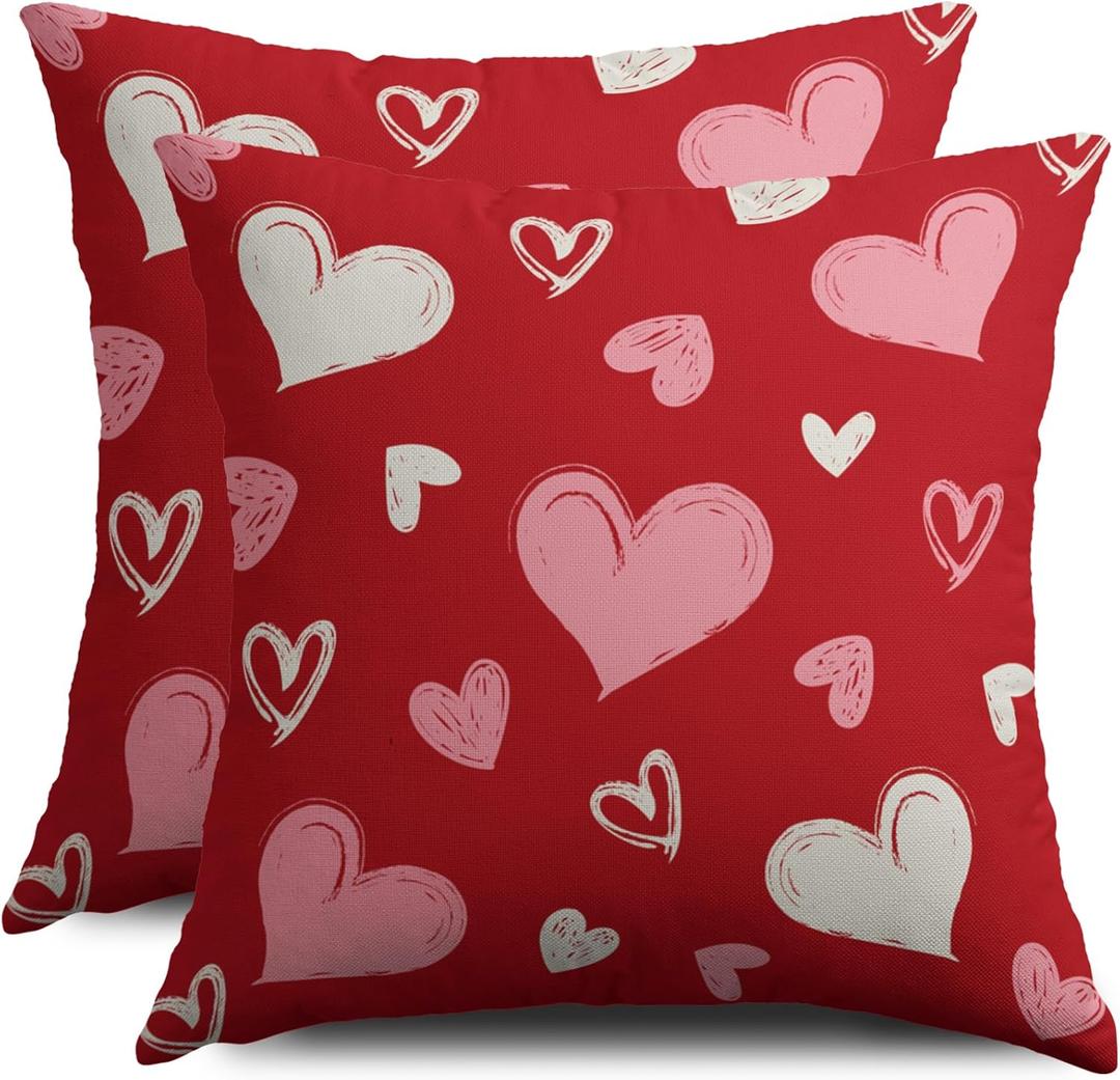 Red Pink Cream White Valentines Pillow Covers 18X18 Set of 2, Valentine's Day Love Heart Print Decorative Throw Pillow Covers Outdoor Farmhouse Holiday Decorations Cushion Case Couch Sofa Bed Decor