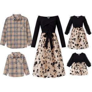 PATPAT Family Matching Outfits Set Mommy and Me Dresses Off Shoulder Midi Dress Dad and Boy Plaid Button Down Shirts (XL)