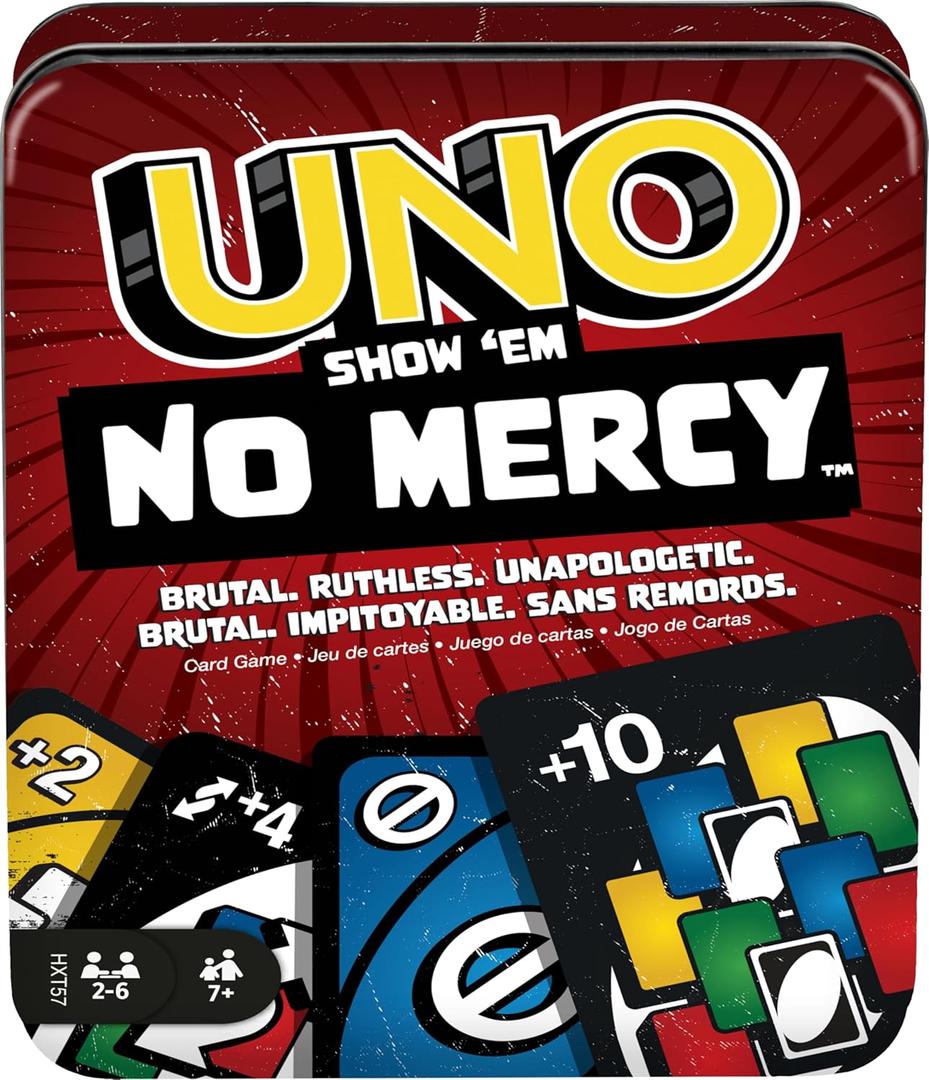Mattel Games UNO Show em No Mercy Card Game in Storage & Travel Tin for Kids, Adults & Family Night with Extra Cards, Special Rules & Tougher Penalties 