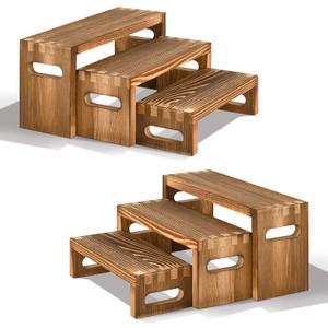 6 Pcs Wood Risers Display Stands, 2 Set Wooden Risers for Table Display, 3 Tier Rectangular Riser Display Stand Wooden for Cupcake, Desserts, Perfume, Collections, Jewelry Showcase