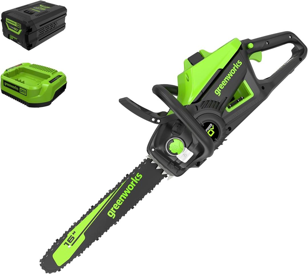 Greenworks 60V 16" Brushless Cordless Chainsaw, 2.5Ah Battery and Charger Included
