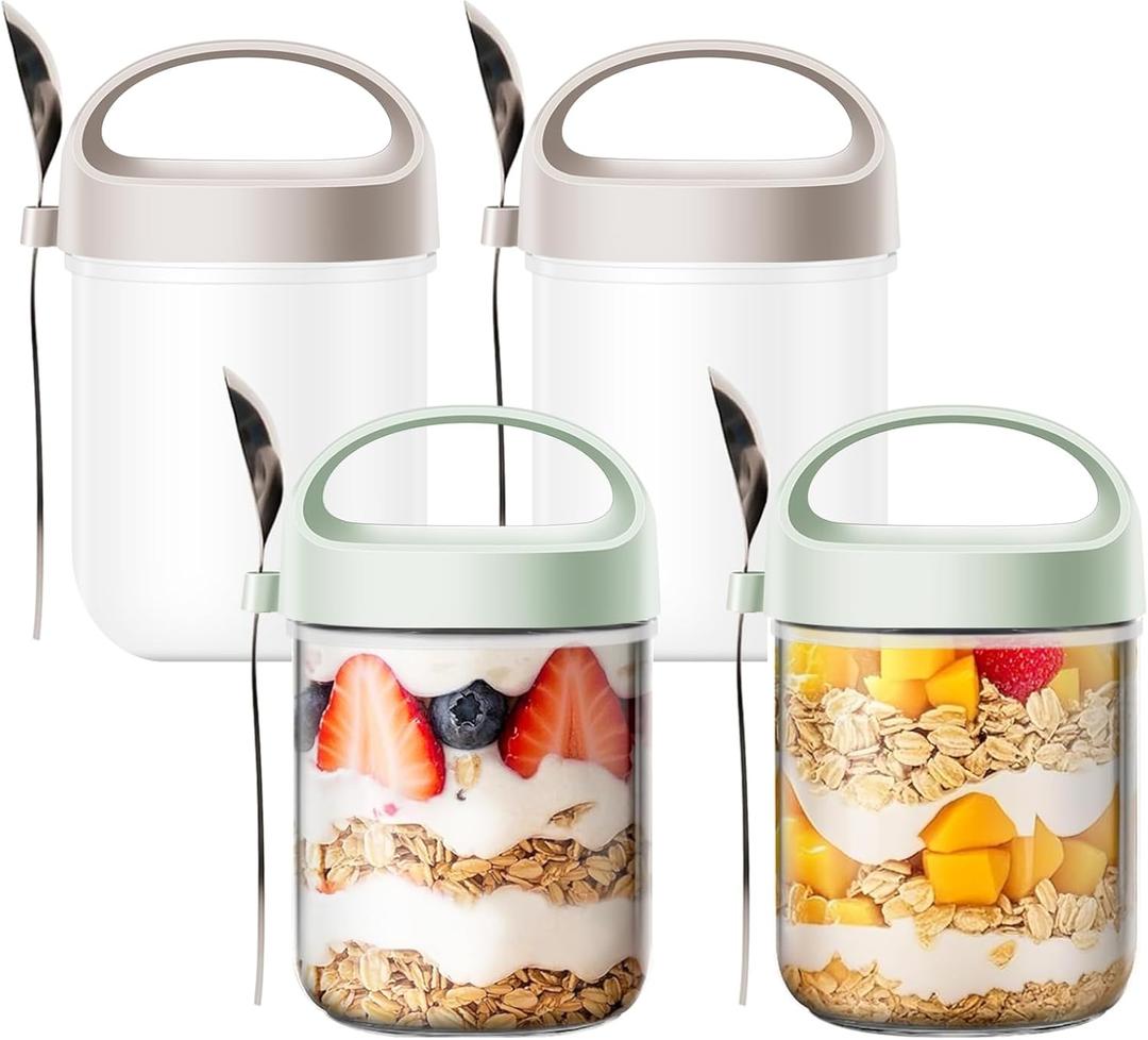 Oatmeal Jars with Lids Overnight Glass, 15oz Wide Mouth Breakfast Jars with Spoons Perfect Breakfast Bottles for Oatmeal/Chia Seeds/Fruit (4 pcs)