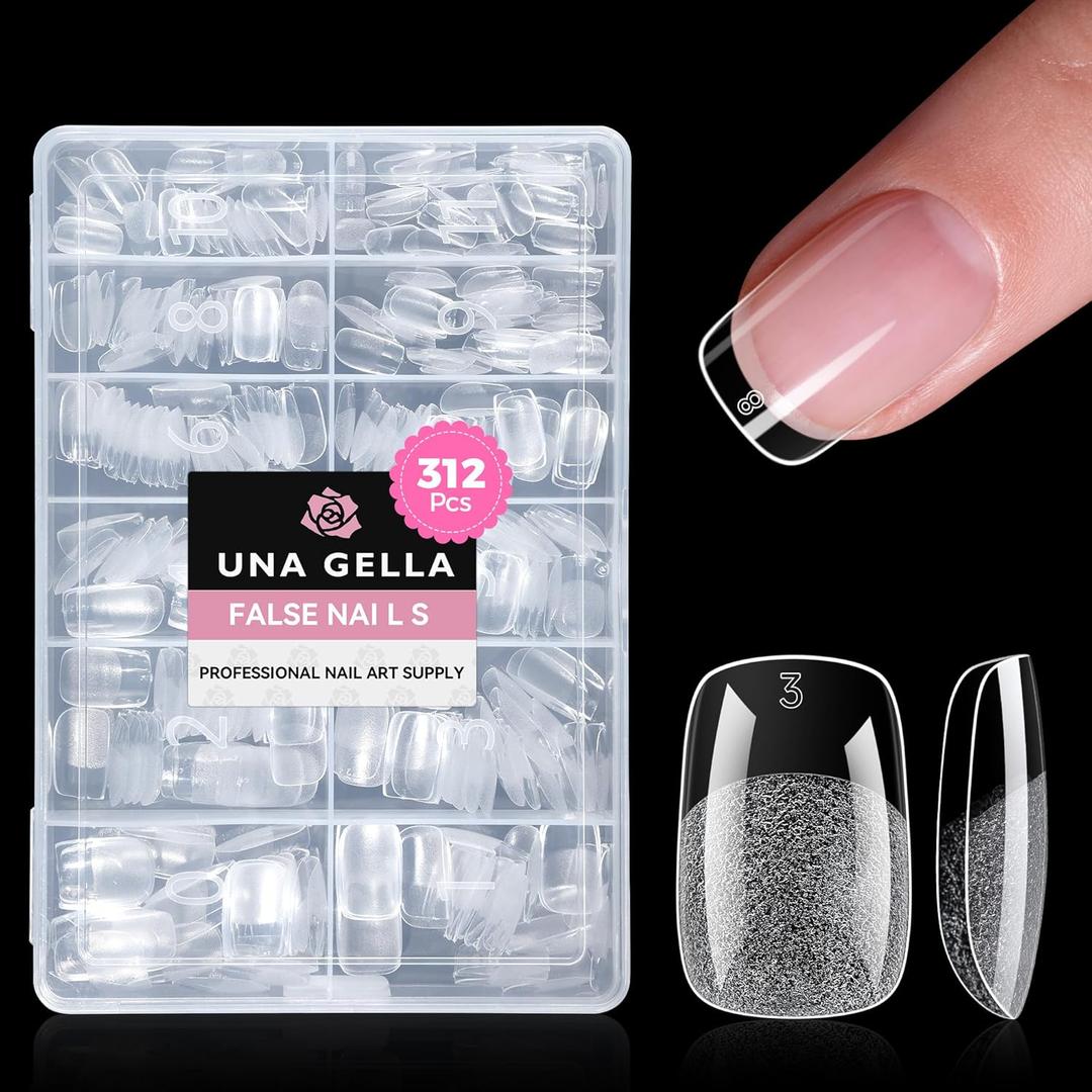UNA GELLA Short Square & Squoval Gel Nail Tips 312pcs Short Round Square Nail Tips Pre Etched Soft Gel Clear Fake Nails Full Cover For Nails Extension DIY Salon 12 Sizes At Home