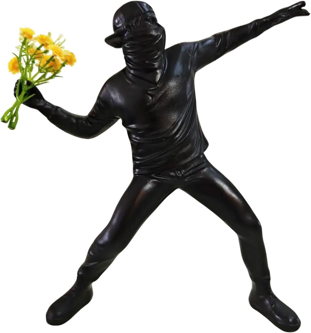 Banksy Street Graffiti Art Statue,Throwing Flower Boy Figurine,Resin Statue Ornaments,Living Room Dining Desk Decorations,Bookshelf Decorative Objects,Modern Home Decor(8.6"/Black)