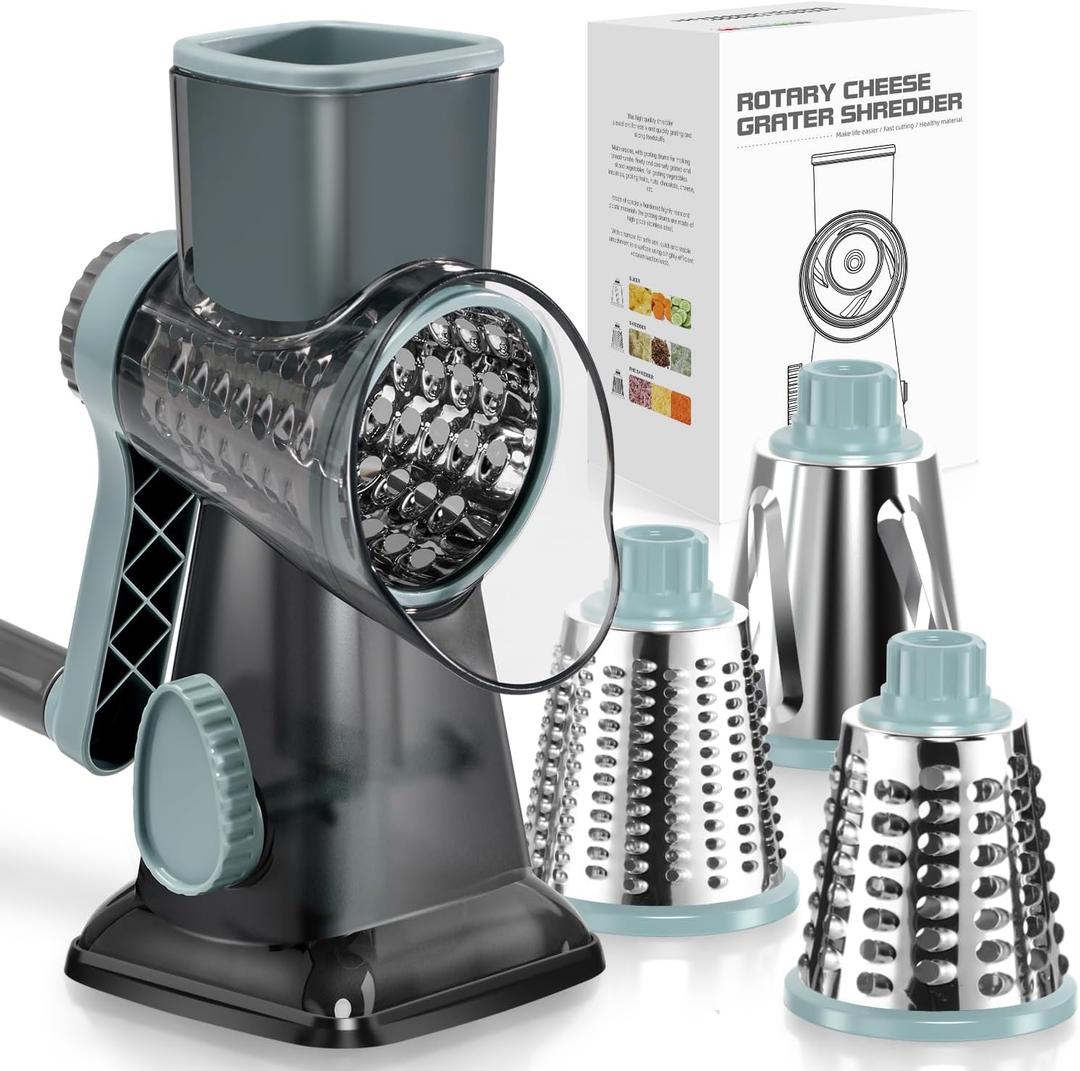 KEOUKE Rotary Cheese Grater with Handle Vegetable Cheese Shredder Slicer Grater for Kitchen 3 Changeable Blades for Cheese Potato Zucchini Nuts Chocolate - GreyBlue (Grey Blue SP)