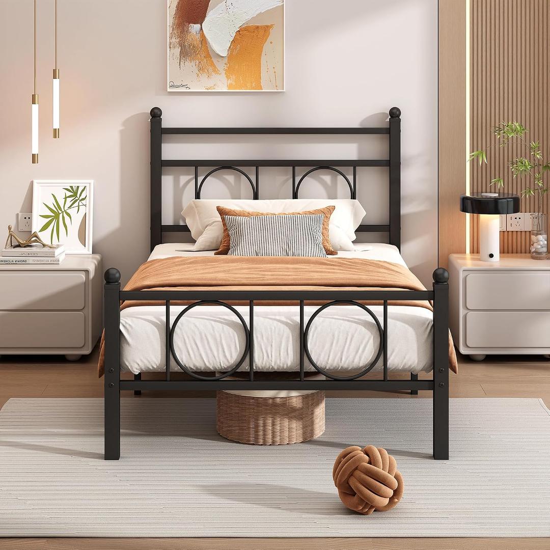 Twin Bed Frames with Headboard, Noise Free, Easy Assembly, Black | sturdy metal platform twin size bed frame with steel slat support no box spring needed 12in underbed storage