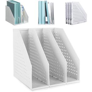 SAYEEC 1Pcs Collapsible Plastic Magazine File Holder Vertical Binder Storage Organizer for Desk Sturdy Upright Desktop Magazine Organizer Folder Rack for Office School Home (3 Compartments, Gray)