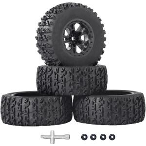 RC Station 12mm Hex RC Wheels and Tires 4PCS 1/10 Scale RC Short Course Truck Tires for 4x4 2WD Traxxas Slash Arrma Senton Tires and Wheels Preglued with Foam Inserts RC Wheel Rim and Tires
