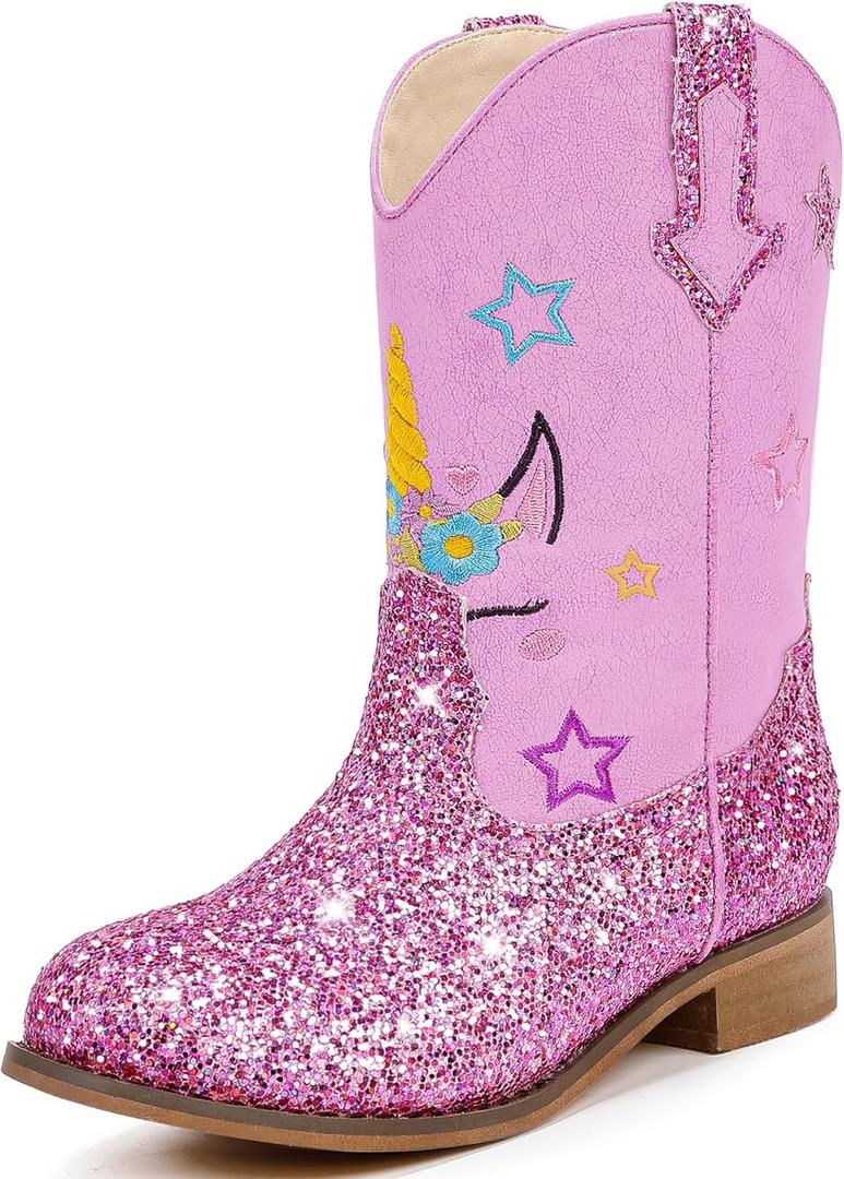 Unicorn Girls Cowgirl Boots Mid Calf Square Toe Glitter Toddler Western Cowboy Boot Little Kid Big Kid Riding Shoes Princess Dress Up Party Birthday Dance (7 Toddler, Unicorn Purple)