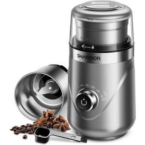 SHARDOR Electric Super Silent Blade Coffee Grinder, Timed Grind Control Rotary Knob, Adjustable Coarse to Fine for Coffee Beans, Spices & Herbs, with 1 Removable Stainless Steel Bowl, Sliver