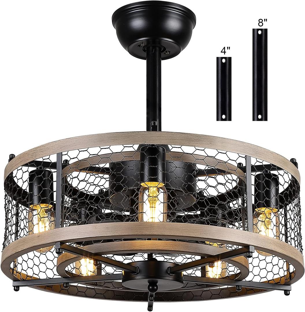 20" Caged Ceiling Fan with Lights Remote Control, Small Farmhouse Black Rustic Bladeless Ceiling Fan for Bedroom Kitchen