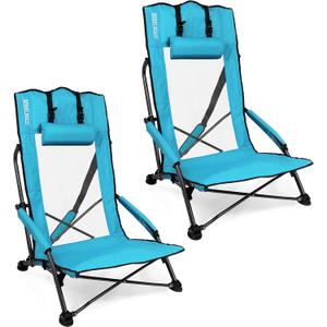 SPORT BEATS Low Beach Chairs Set of 2 Folding Beach Chairs High Back Support with Head Pillows Shoulder Straps (Cyan)