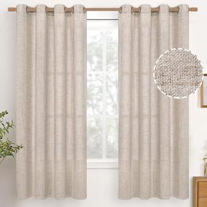 YoungsTex 68 Inch Length Linen Semi Sheer Curtains 2 Panels for Living Room, Light Filtering Textured Drapes with Bronze Grommet Beige Boho Window Treatments for Bedroom Dining, 52 x 68 Inch (Natural)