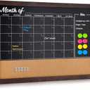4 THOUGHT Chalkboard Calendar Corkboard Combo, 18" x 24" Bulletin Board Magnetic Calendar Chalkboard for Wall Combination Board Monthly Planner Rustic Brown Frame 4 Markers 8 Magnets 10 Pushpins