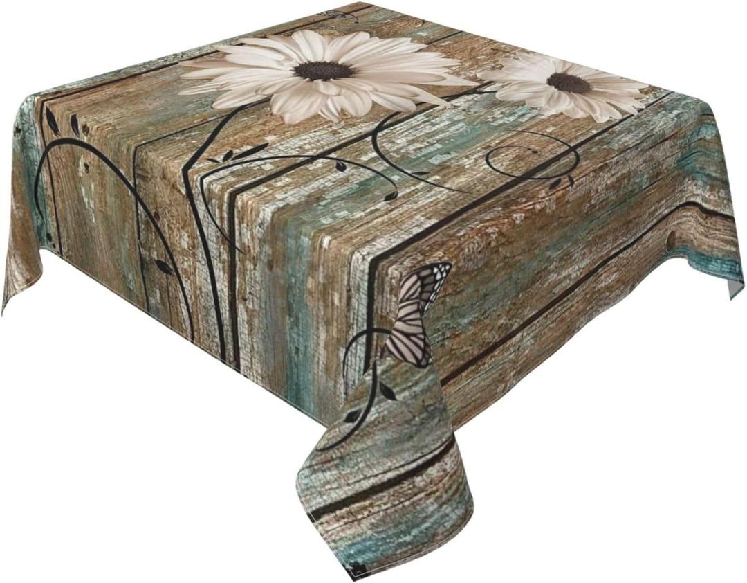 Sunflowers Tablecloth 54x54 Inch Square, Vintage Rustic Daisy on Wooden Board Table Cloth Farmhouse Spring Summer Decorations Floral Table Cover for Party Picnic Kitchen Dinner Decor Outdoor